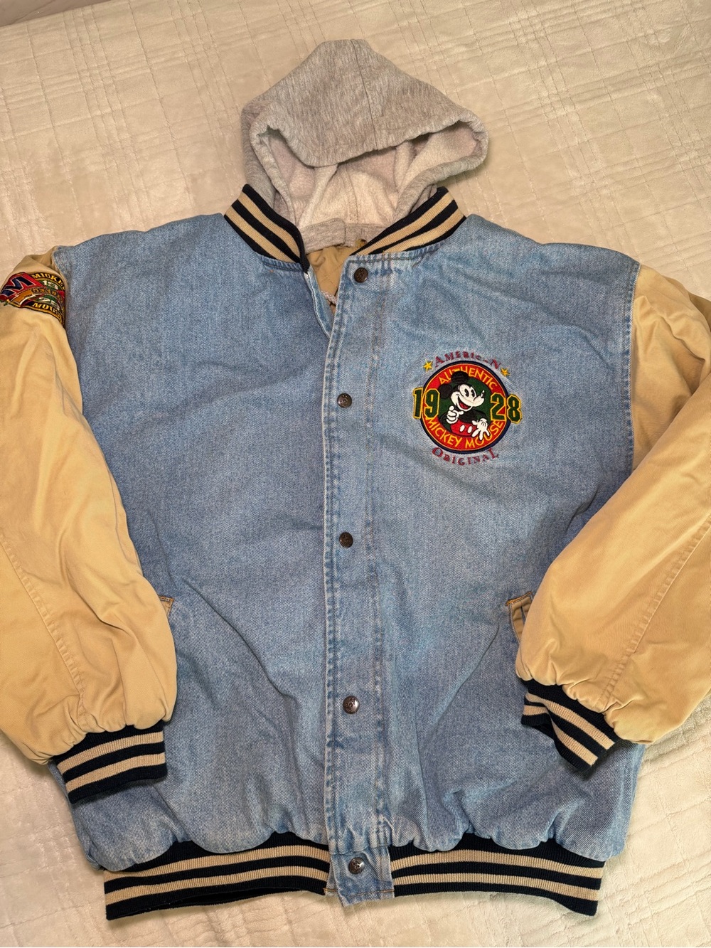 Blue Denim & Tan removable Hood Disney varsity Jacket 1928 embroidery XXL